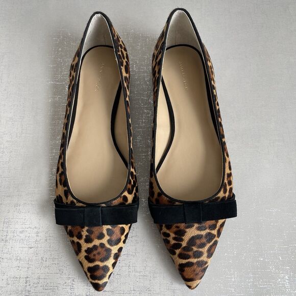 Ann Taylor Haircalf Leather Point Toe Leopard Print Bow Ballet Flats 9 M - Picture 1 of 13